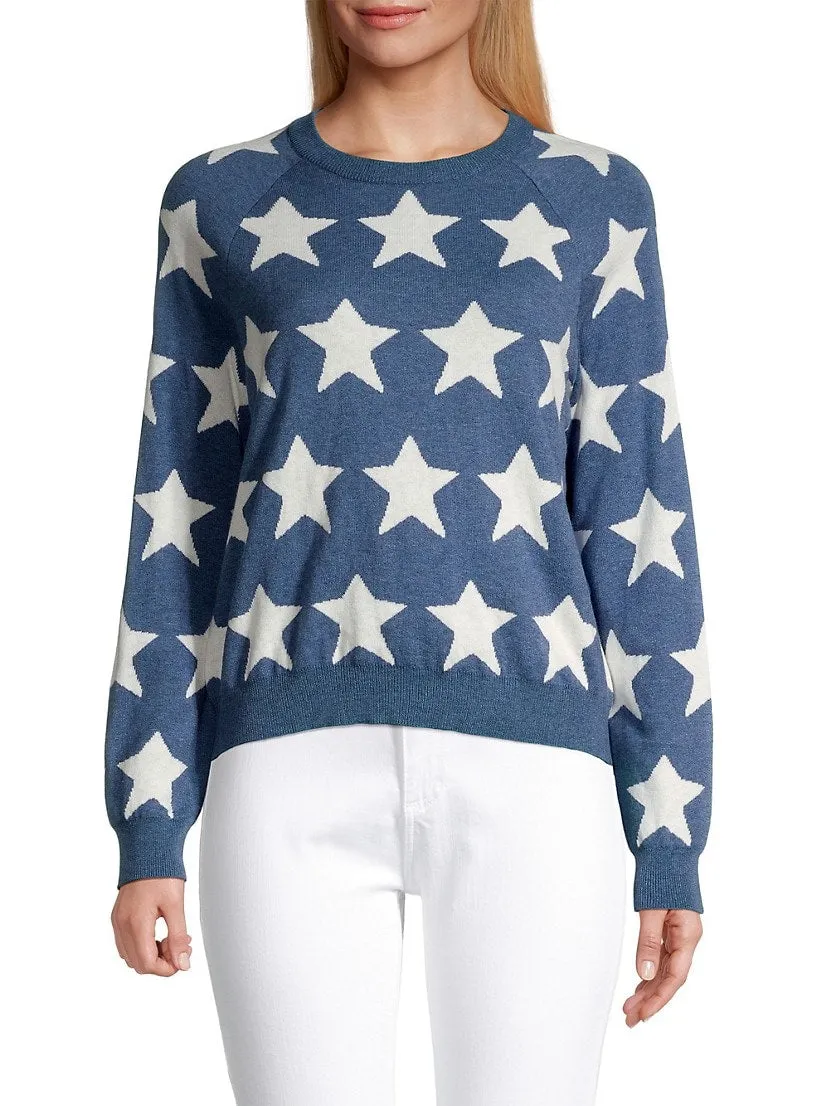 Minnie Rose Cotton Cashmere Star Jacquard Crew Neck Sweater