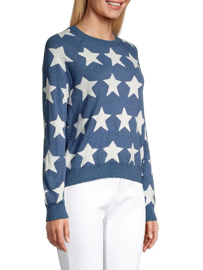 Minnie Rose Cotton Cashmere Star Jacquard Crew Neck Sweater