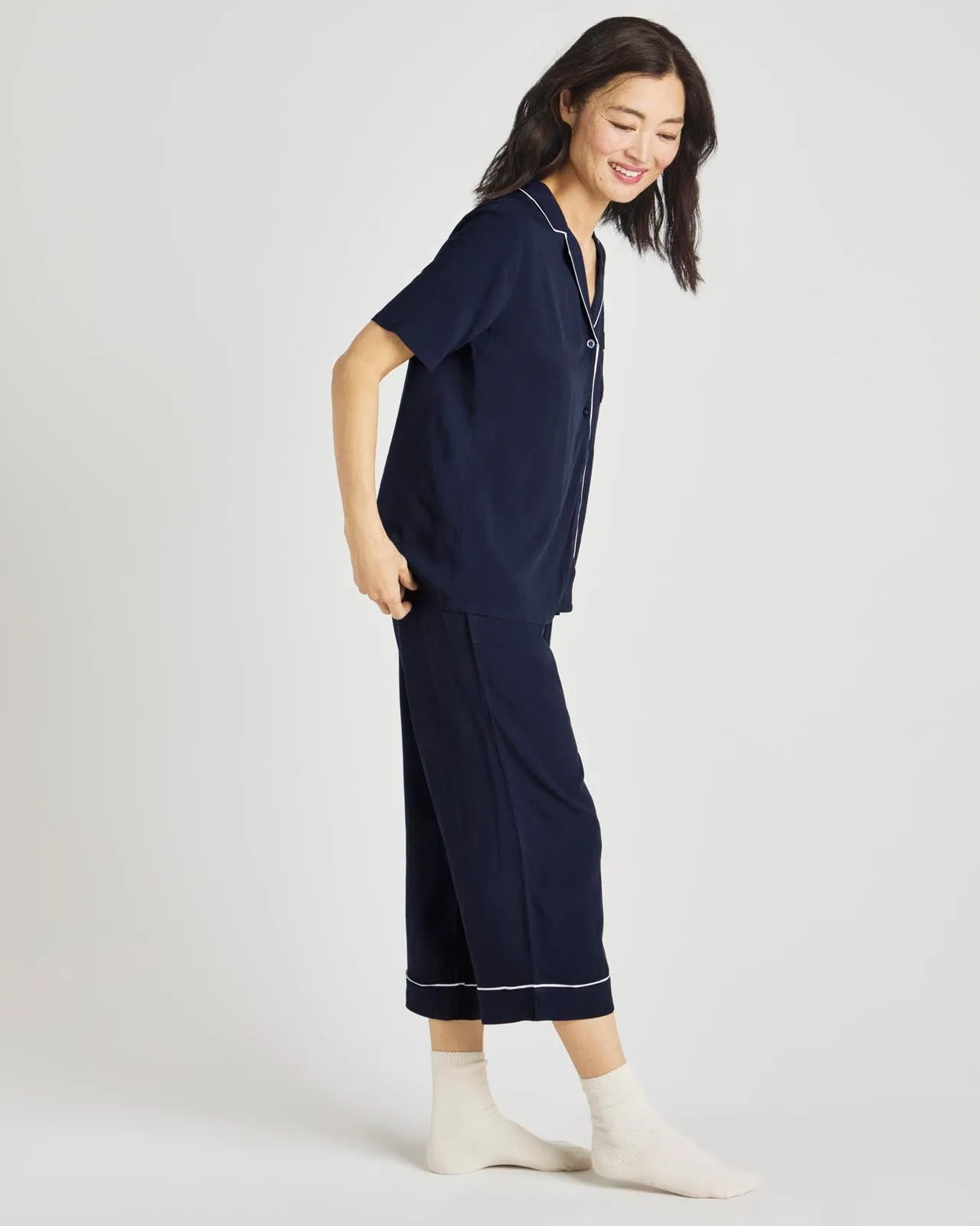 Navy Blazer Notch Top & Crop Pant PJ Set