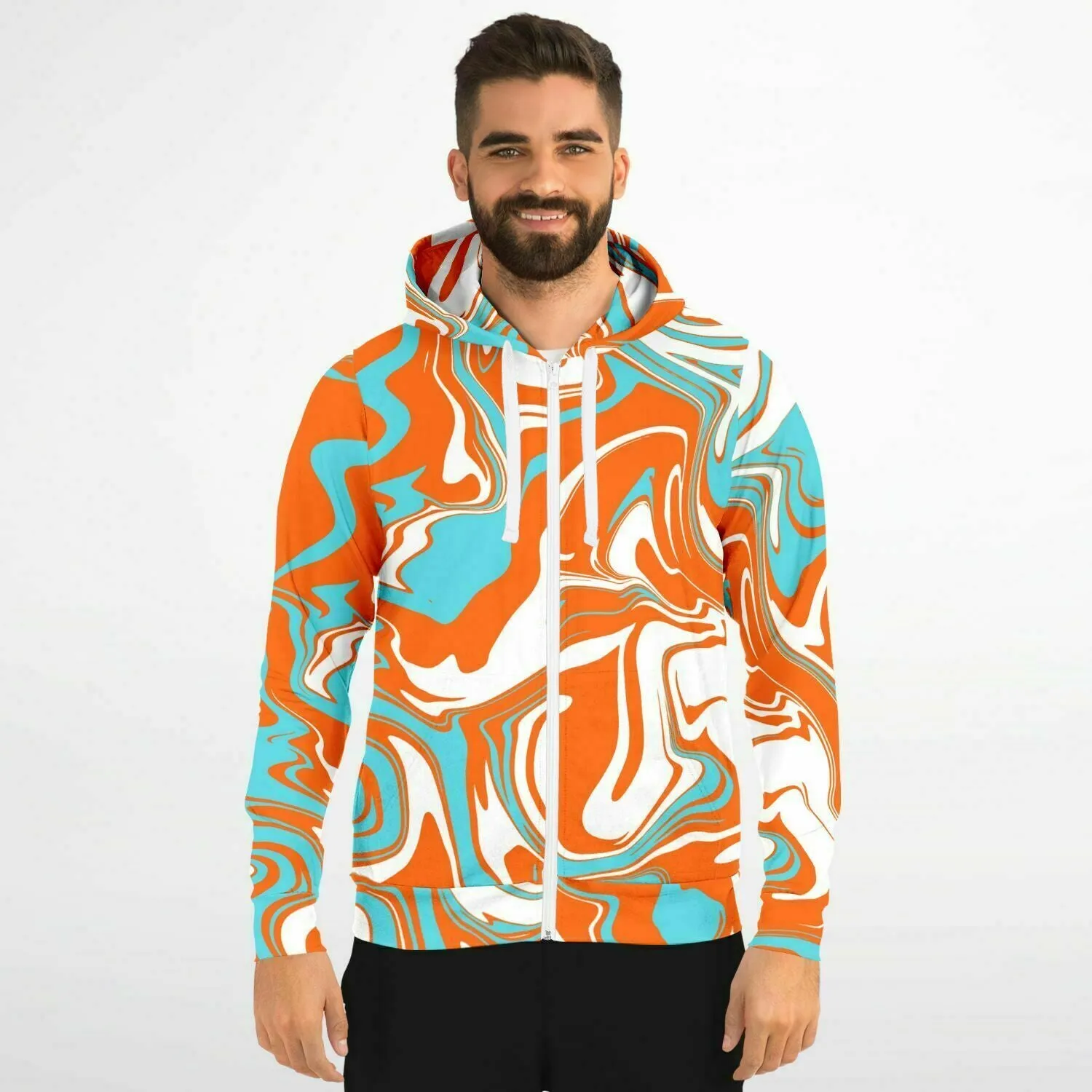 Orange Turquoise and White Oil Spill Zip-Up Hoodie