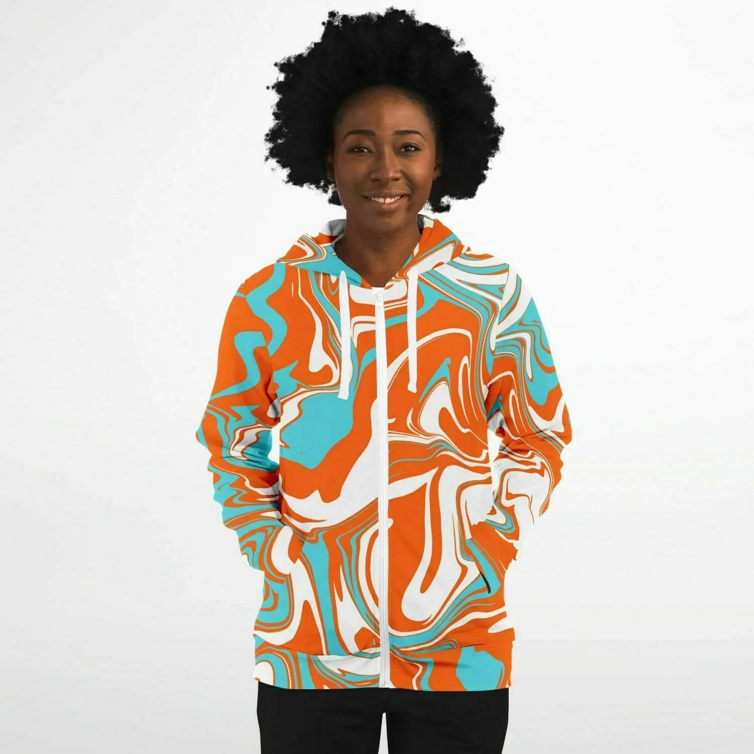 Orange Turquoise and White Oil Spill Zip-Up Hoodie