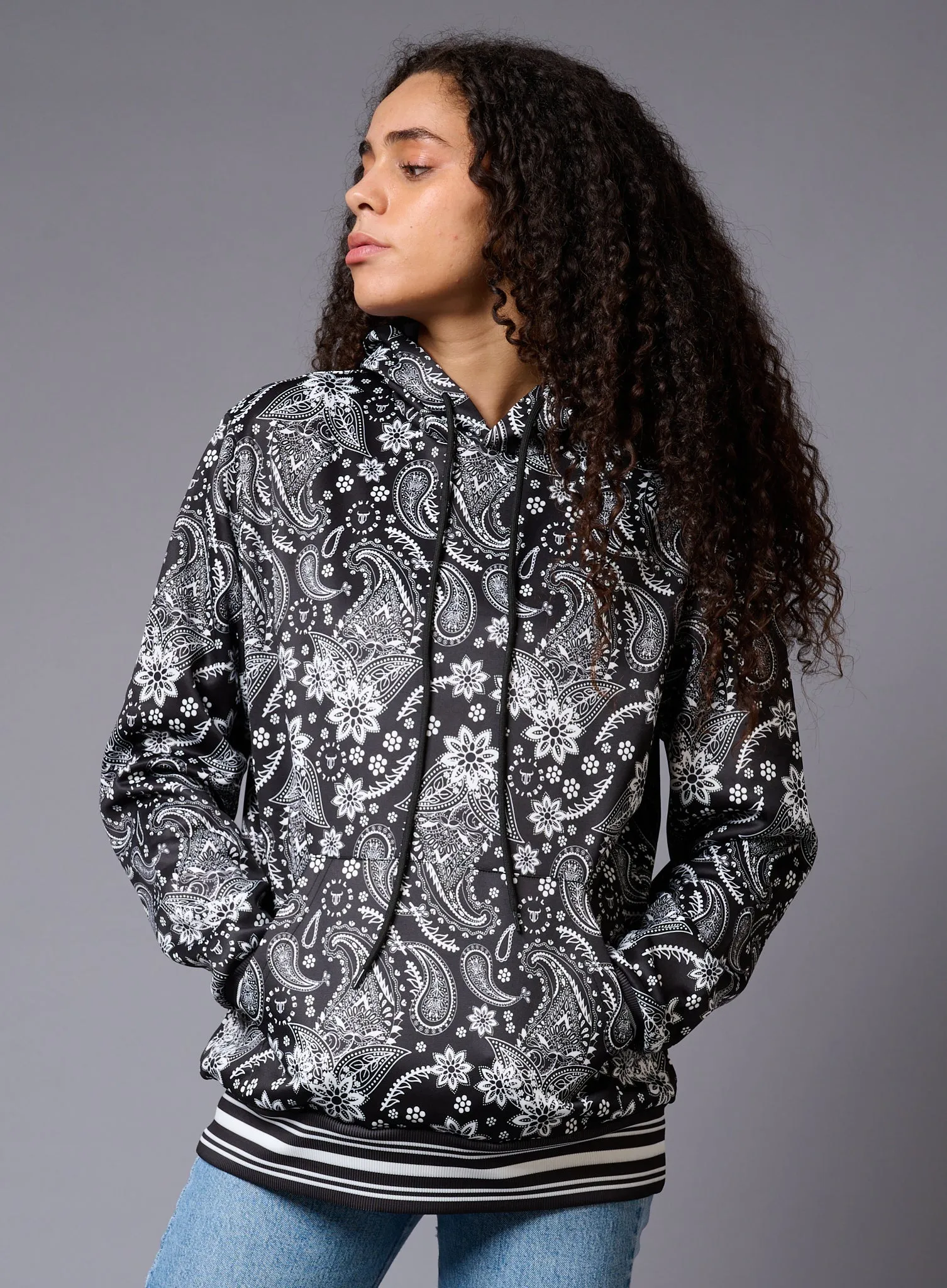 Paisely Design Printed Black Hoodie for Women