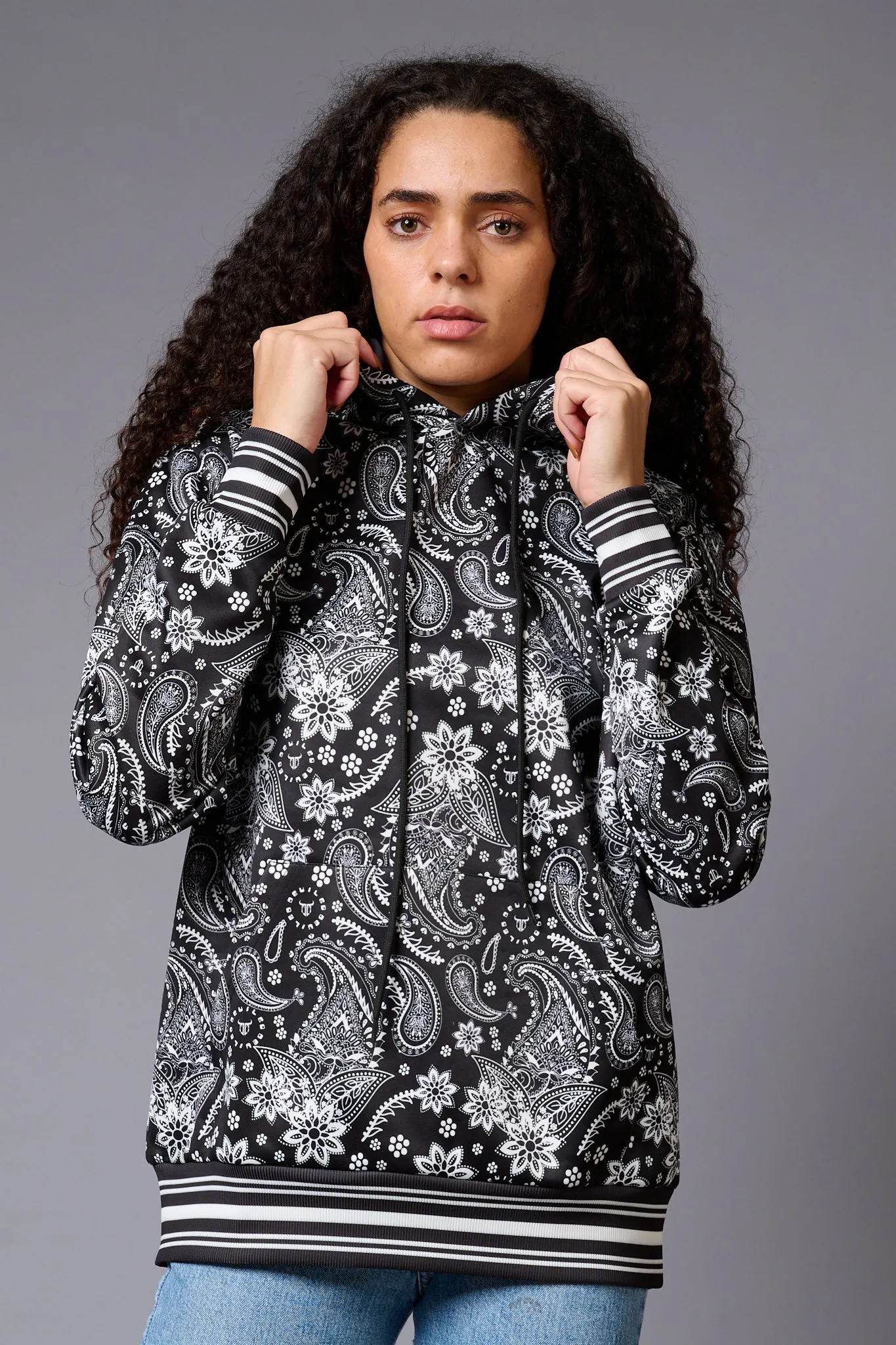 Paisely Design Printed Black Hoodie for Women