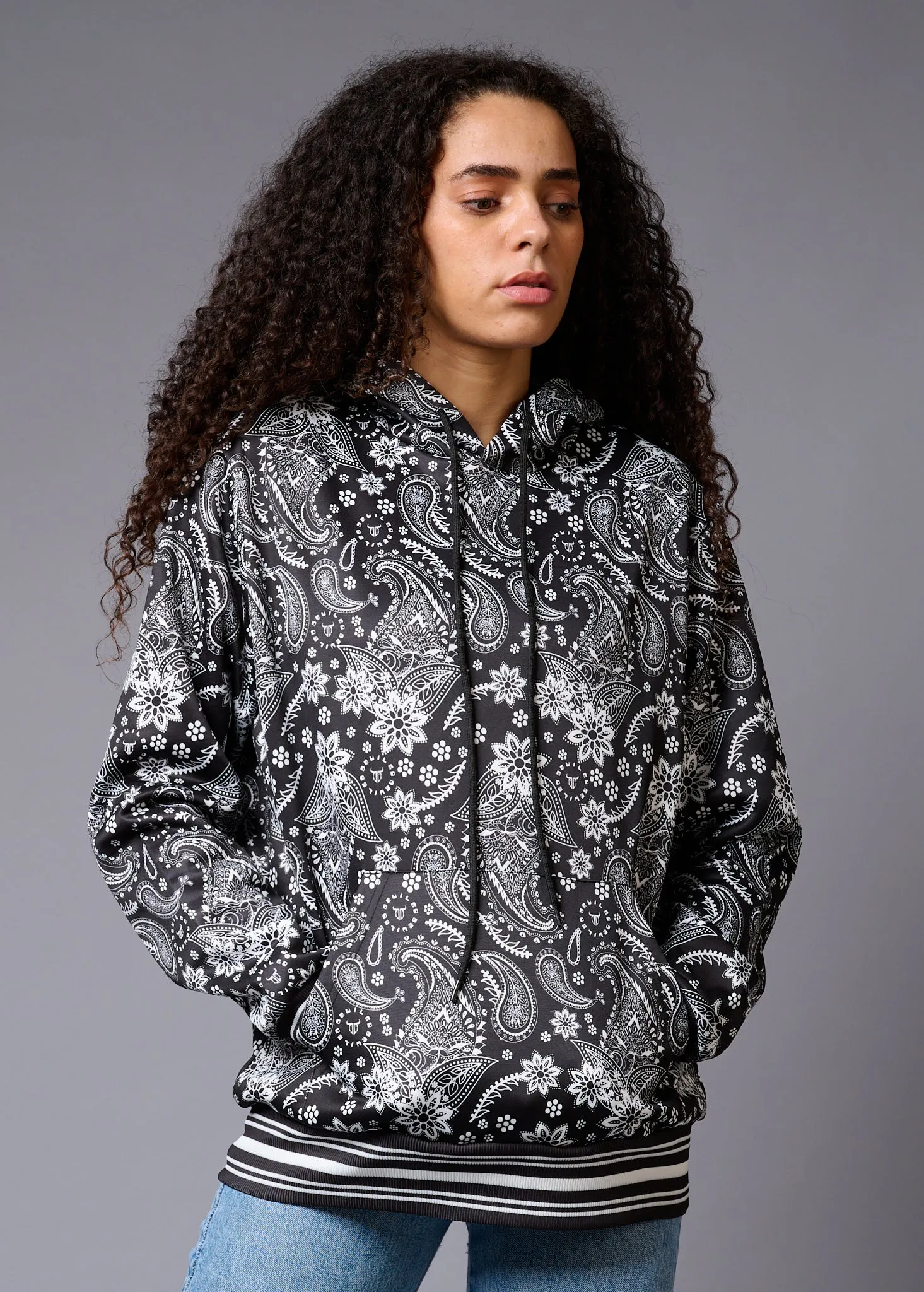 Paisely Design Printed Black Hoodie for Women