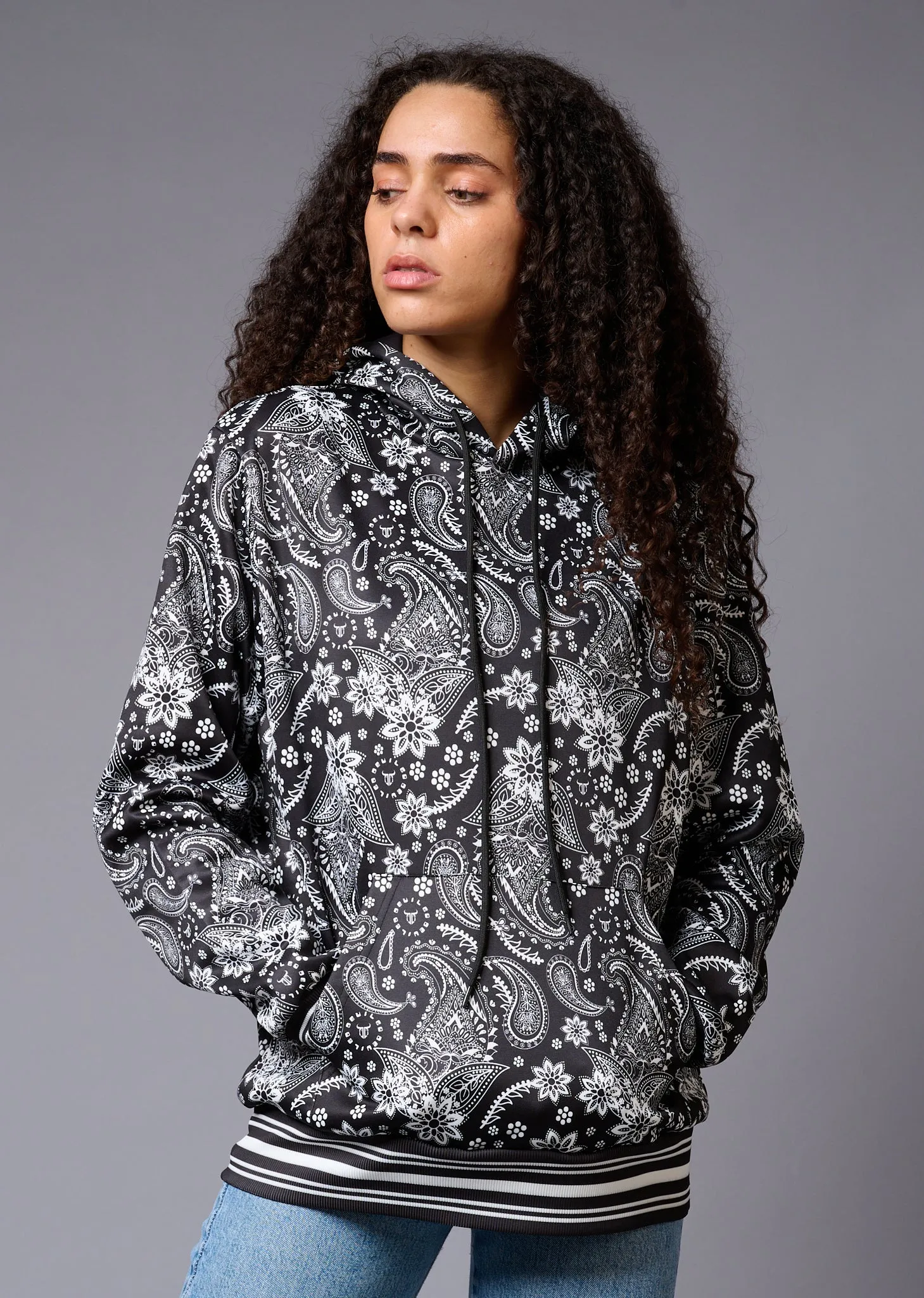 Paisely Design Printed Black Hoodie for Women