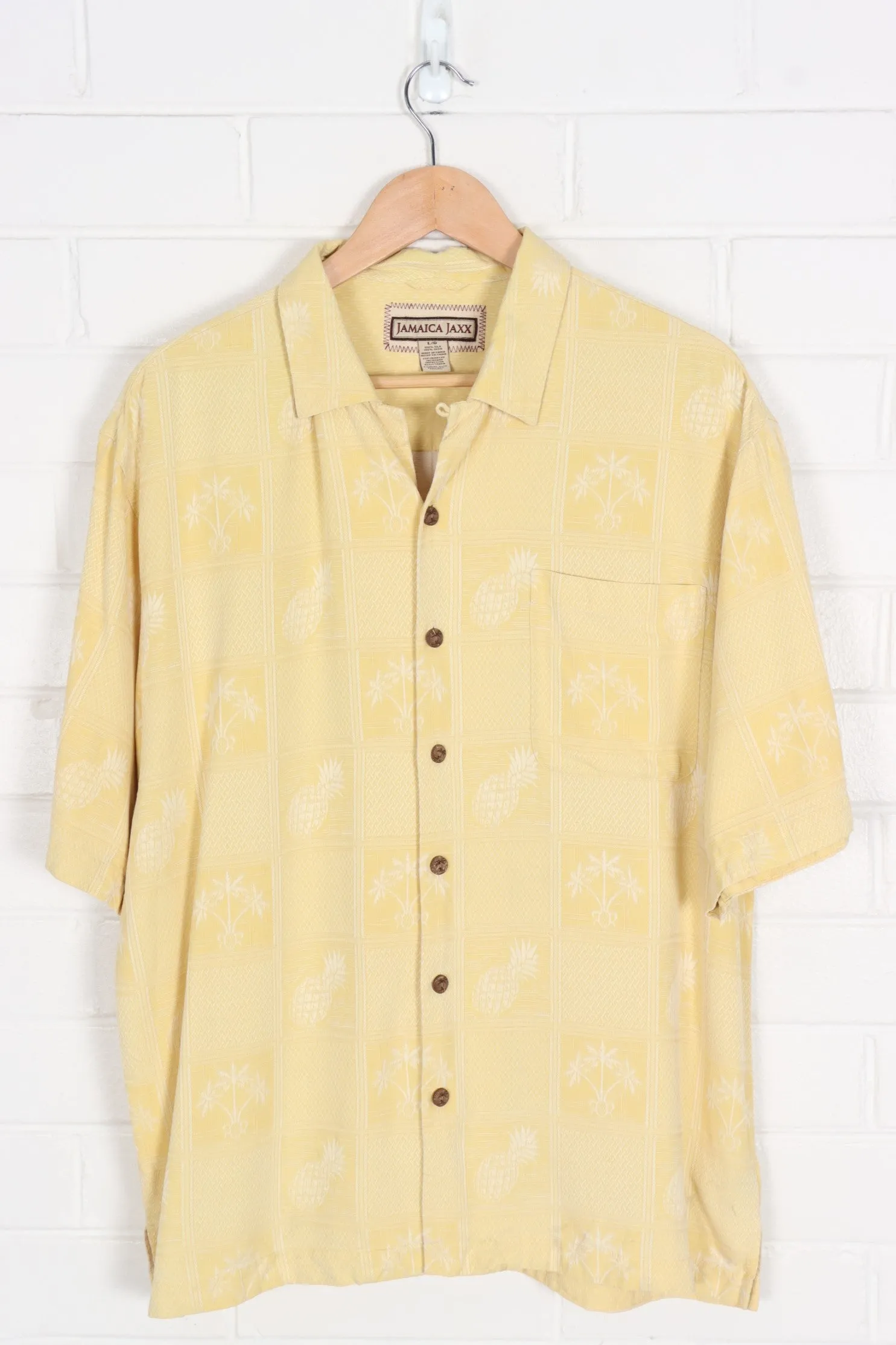 Pale Yellow Pineapple & Palm Trees Silk Button Up Shirt (L-XL)