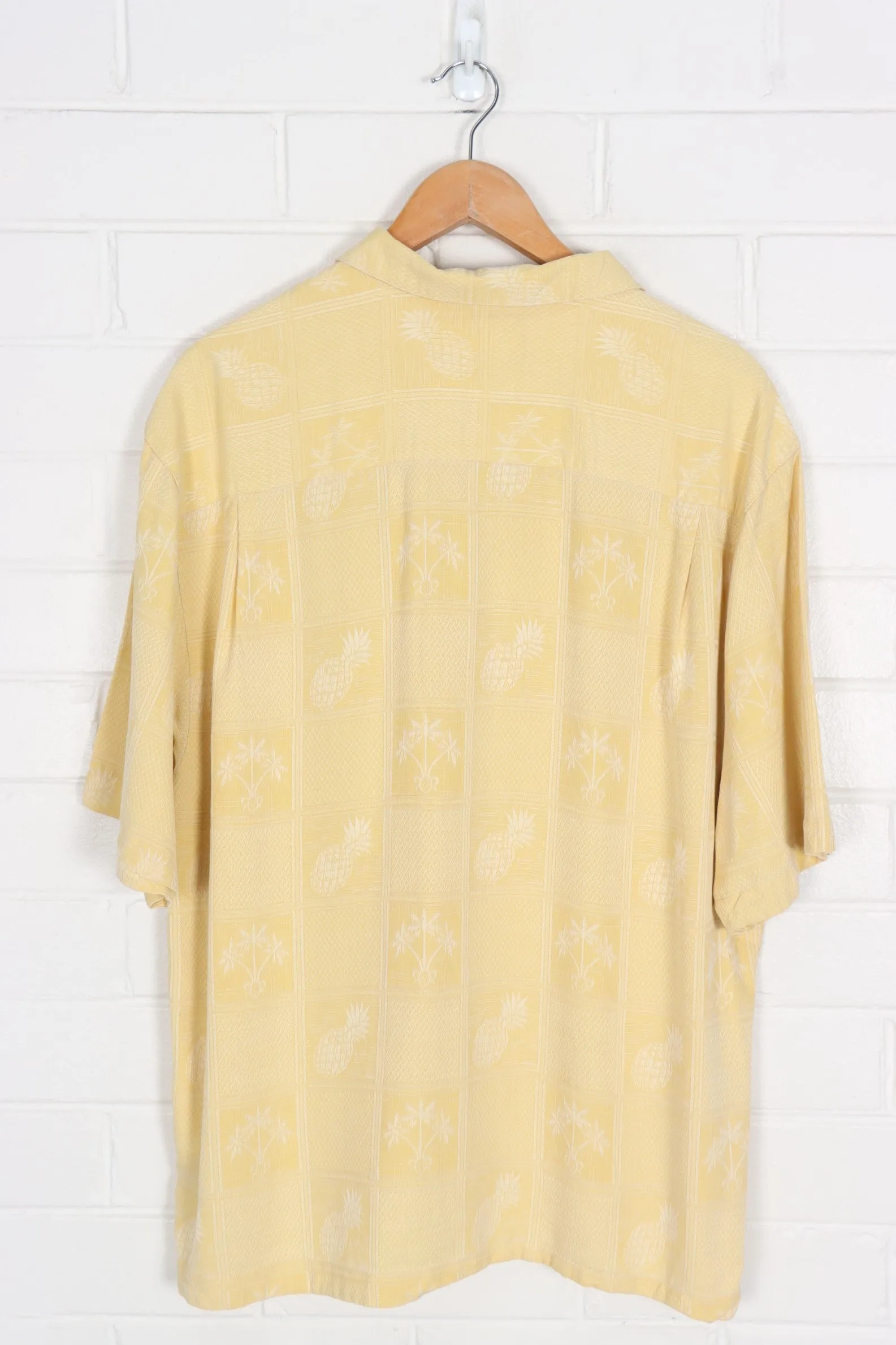 Pale Yellow Pineapple & Palm Trees Silk Button Up Shirt (L-XL)