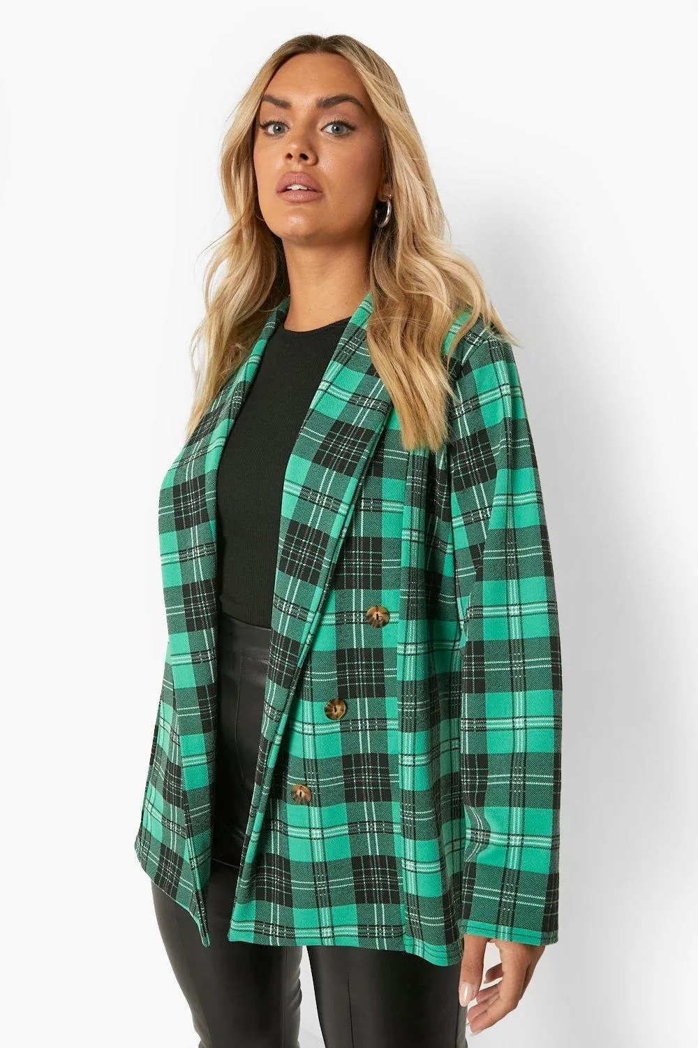 Plus Checked Double Breasted Blazer