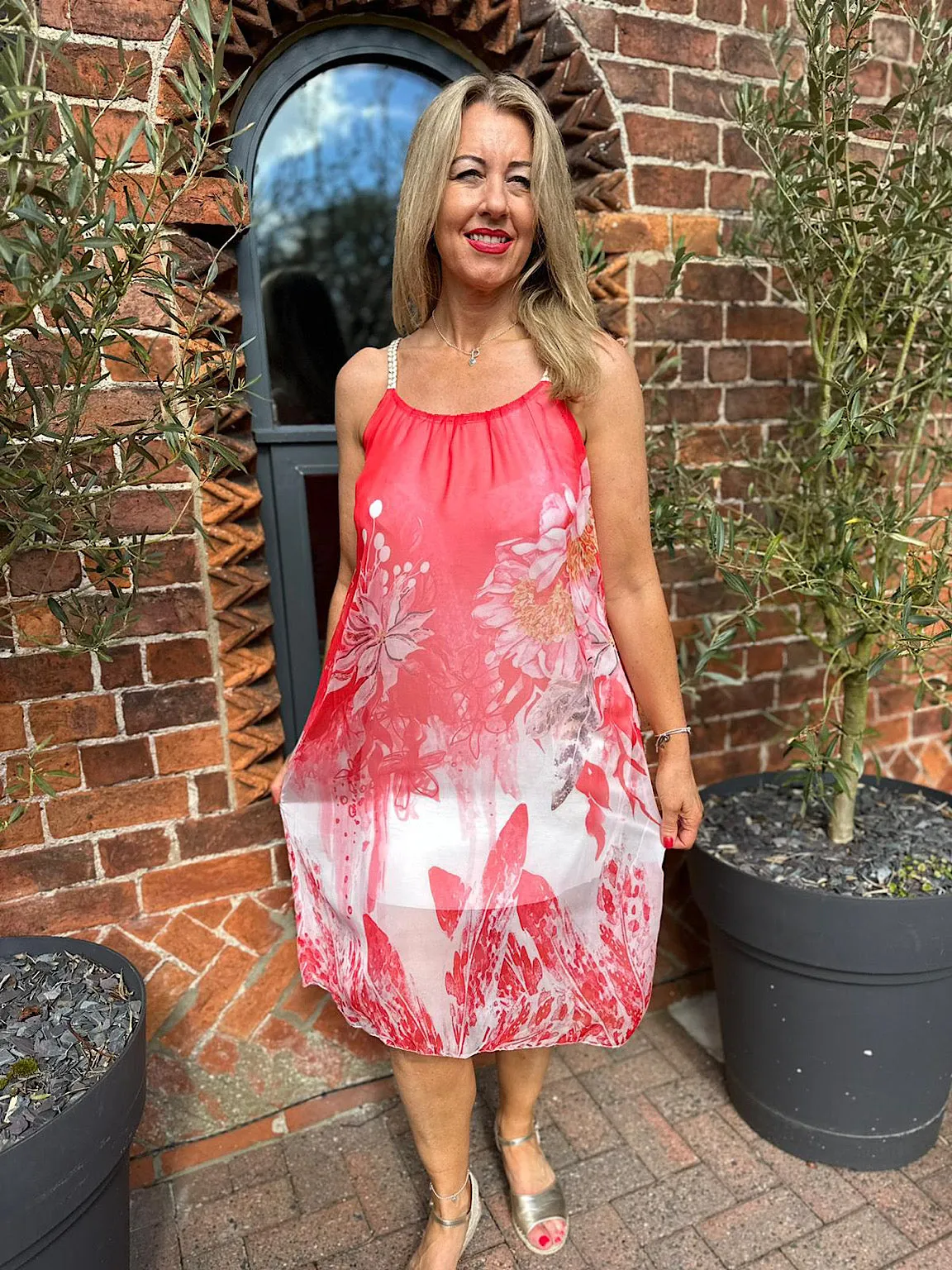 Red Floral Plait Flow Dress Maddison