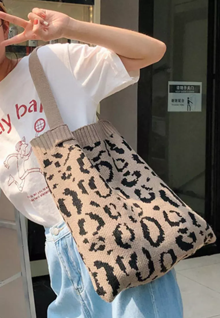 Sunnydaysweety Loepard Prints Knitted Tote Bag A092511GY