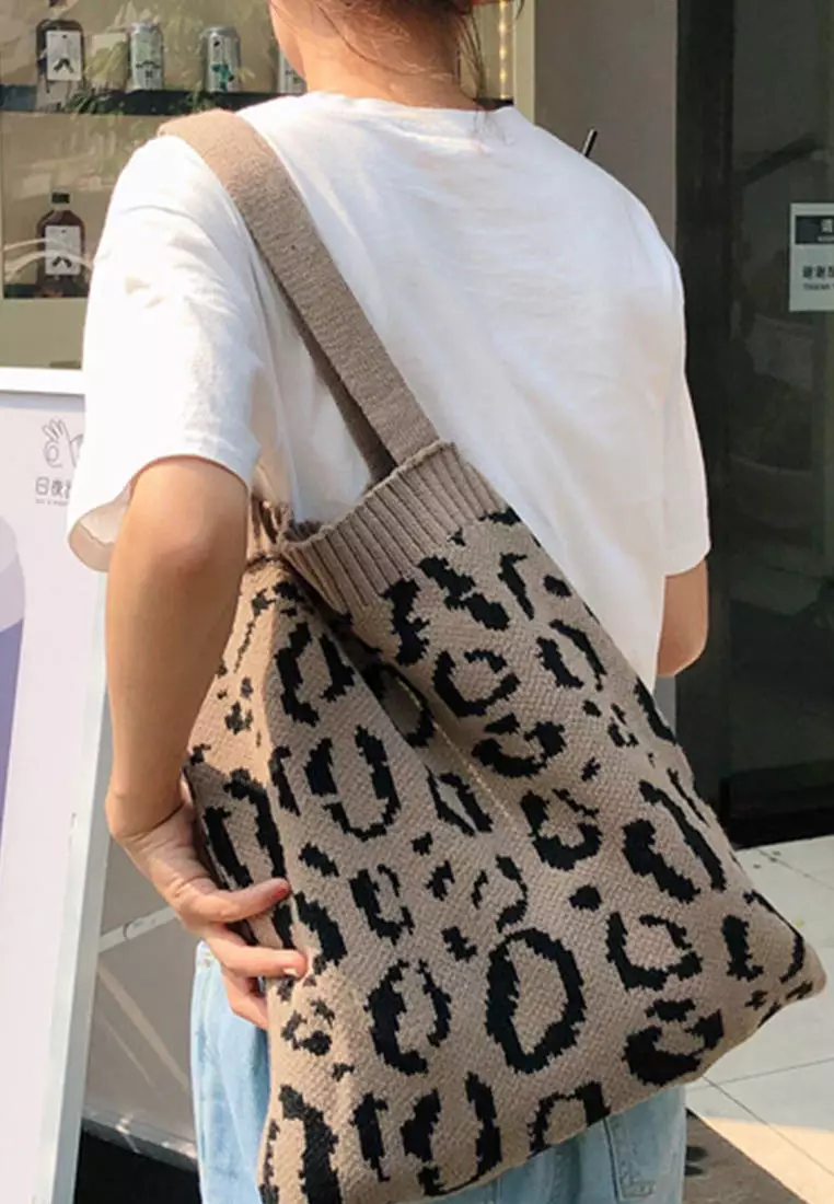 Sunnydaysweety Loepard Prints Knitted Tote Bag A092511GY