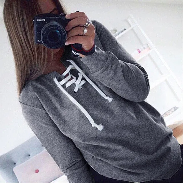 Sweatshirt Women    Long Sleeve Pullovers Lacing up Tops Casual Loose Pullovers Female sudaderas mujer &23 SM6