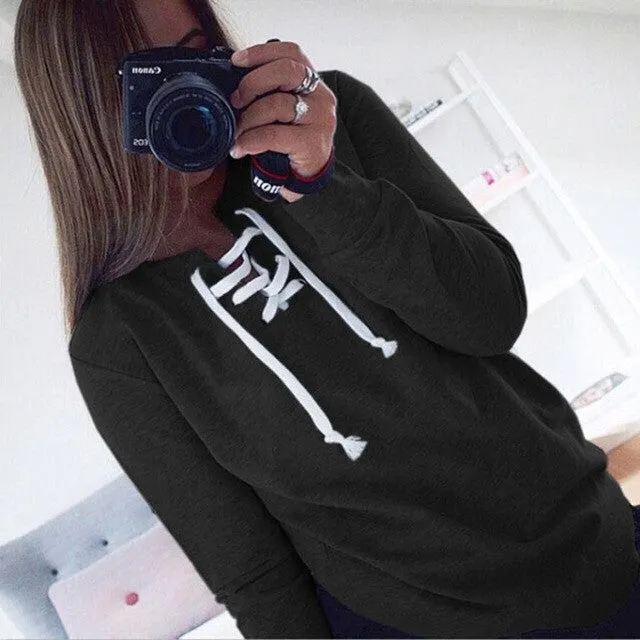 Sweatshirt Women    Long Sleeve Pullovers Lacing up Tops Casual Loose Pullovers Female sudaderas mujer &23 SM6