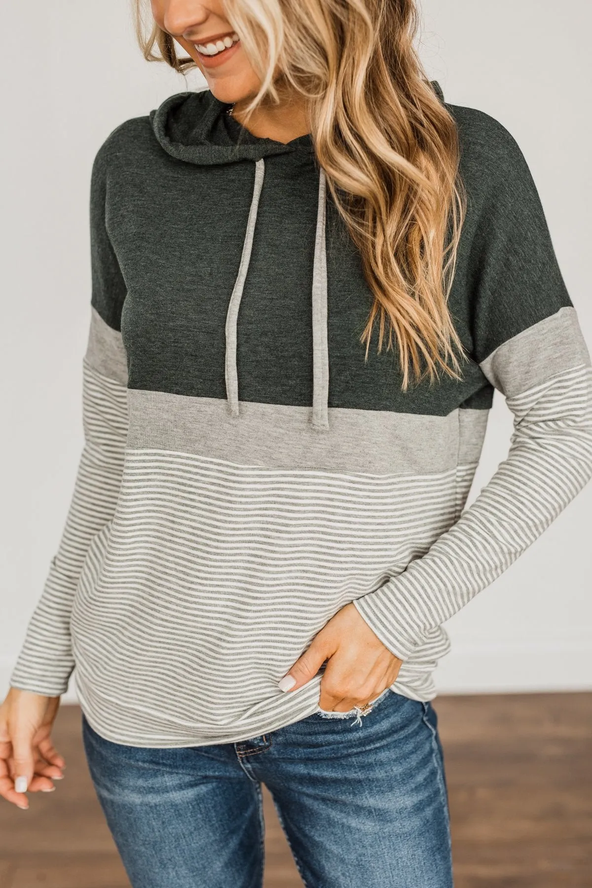 Sweet Splendor Color Block Drawstring Hoodie- Forest Green & Grey