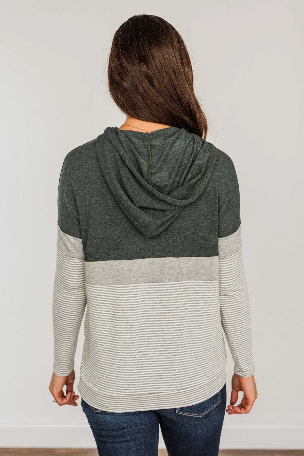 Sweet Splendor Color Block Drawstring Hoodie- Forest Green & Grey