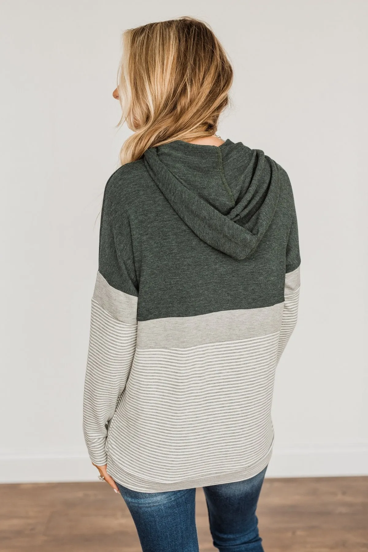 Sweet Splendor Color Block Drawstring Hoodie- Forest Green & Grey