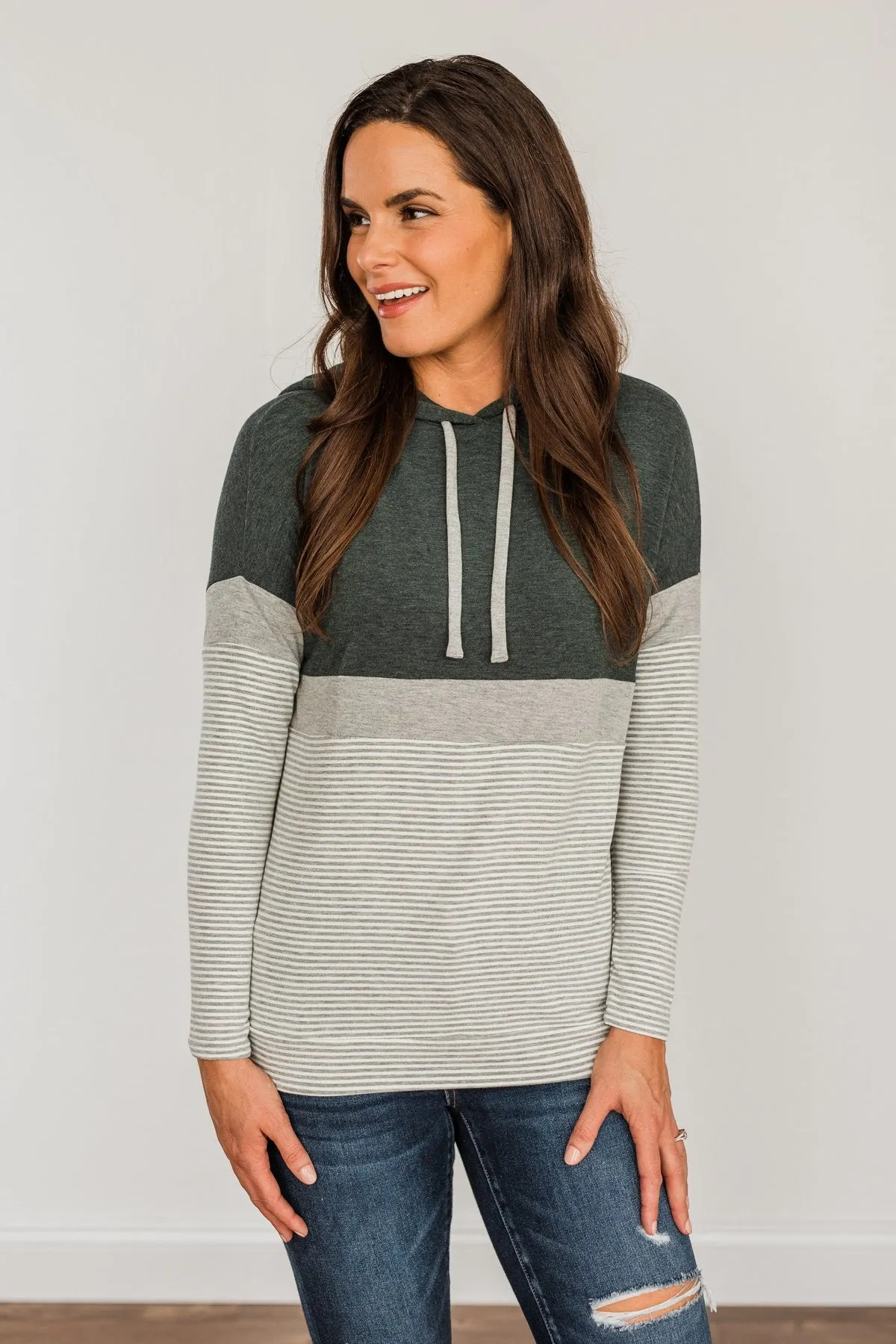 Sweet Splendor Color Block Drawstring Hoodie- Forest Green & Grey