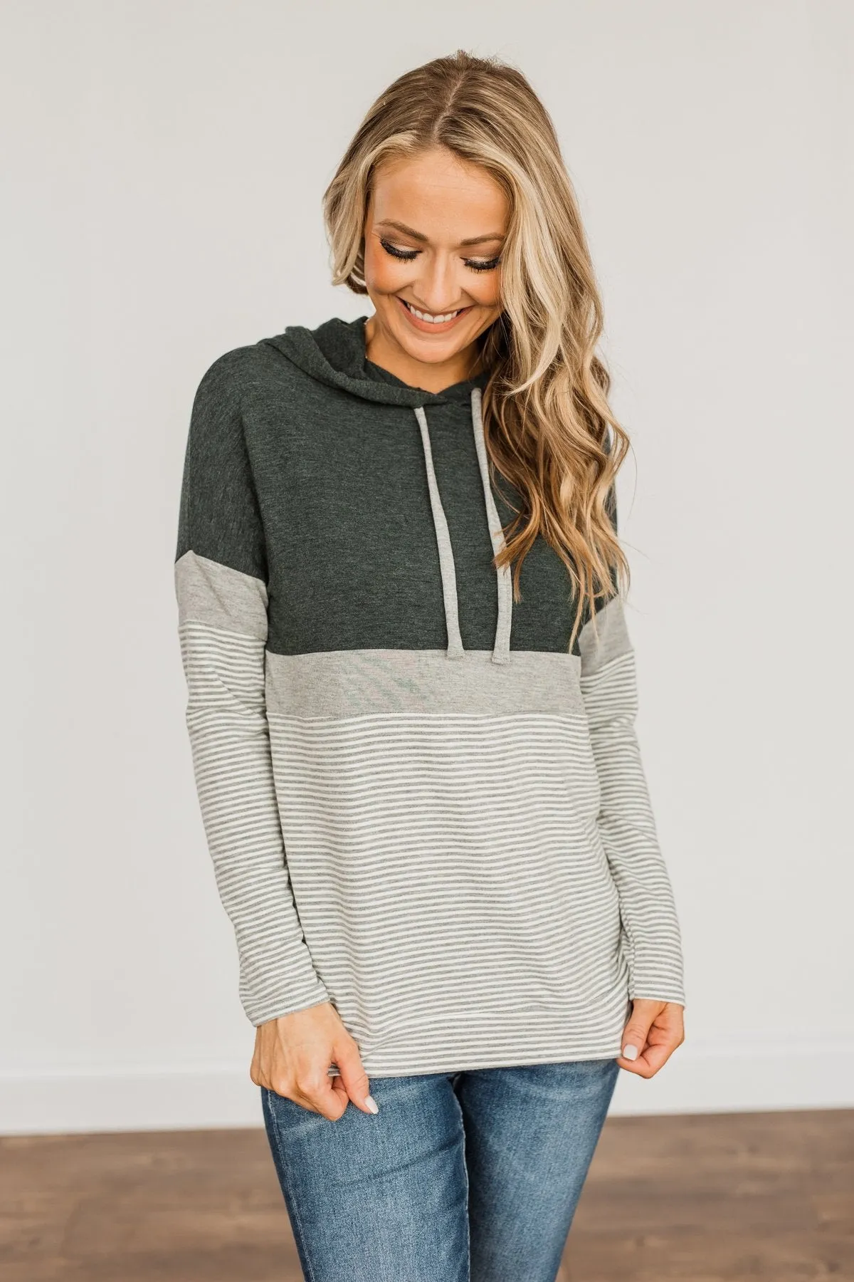 Sweet Splendor Color Block Drawstring Hoodie- Forest Green & Grey