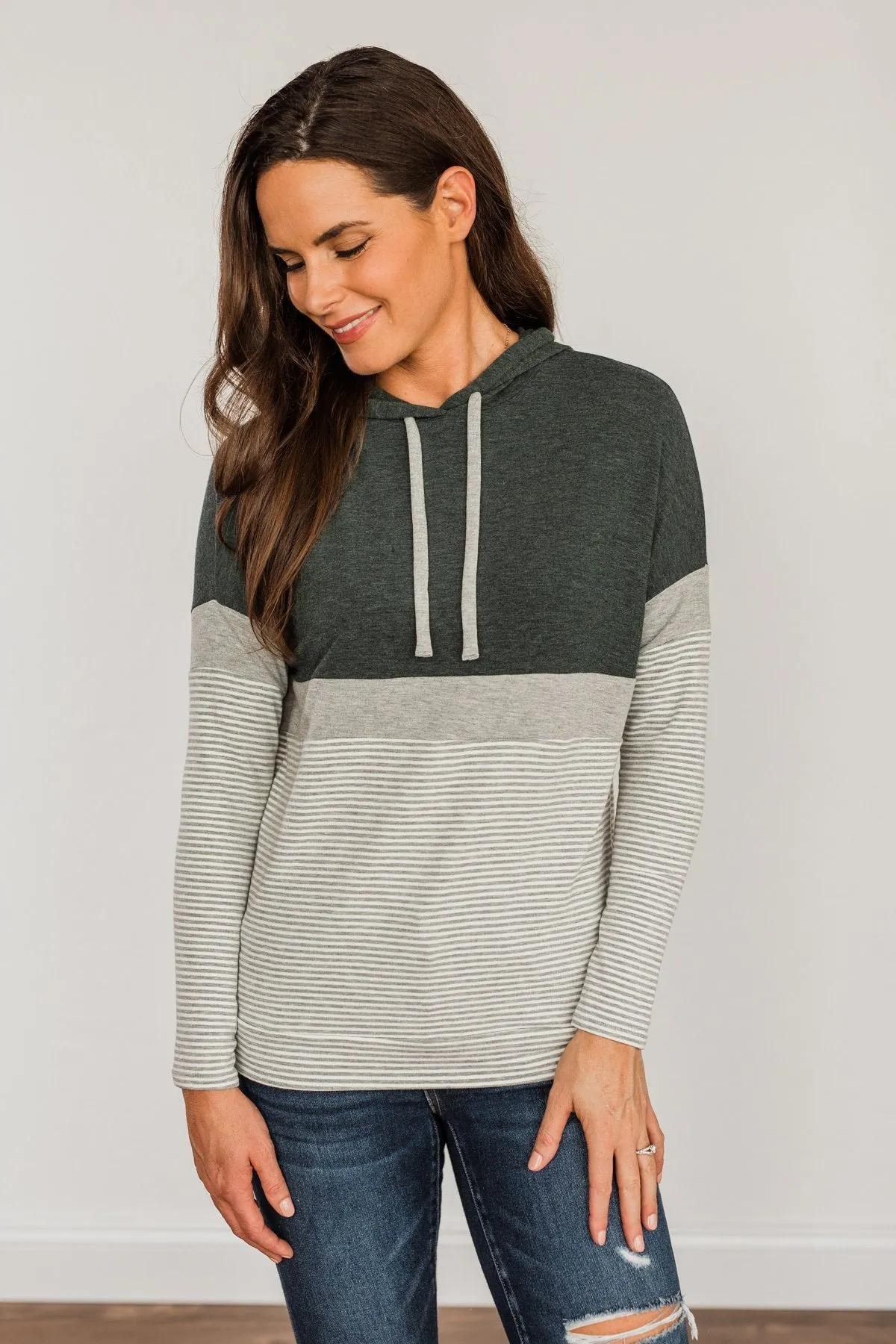 Sweet Splendor Color Block Drawstring Hoodie- Forest Green & Grey