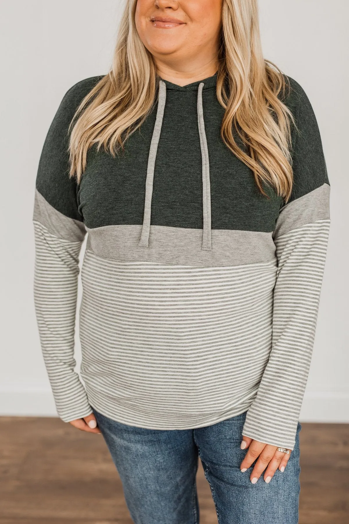 Sweet Splendor Color Block Drawstring Hoodie- Forest Green & Grey