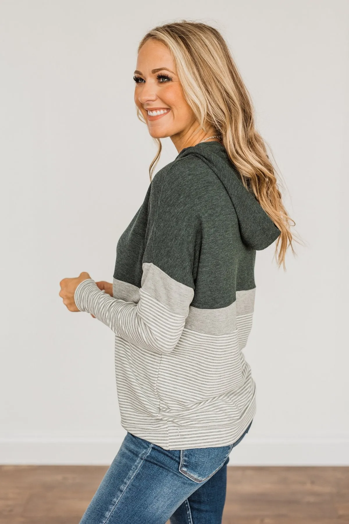 Sweet Splendor Color Block Drawstring Hoodie- Forest Green & Grey