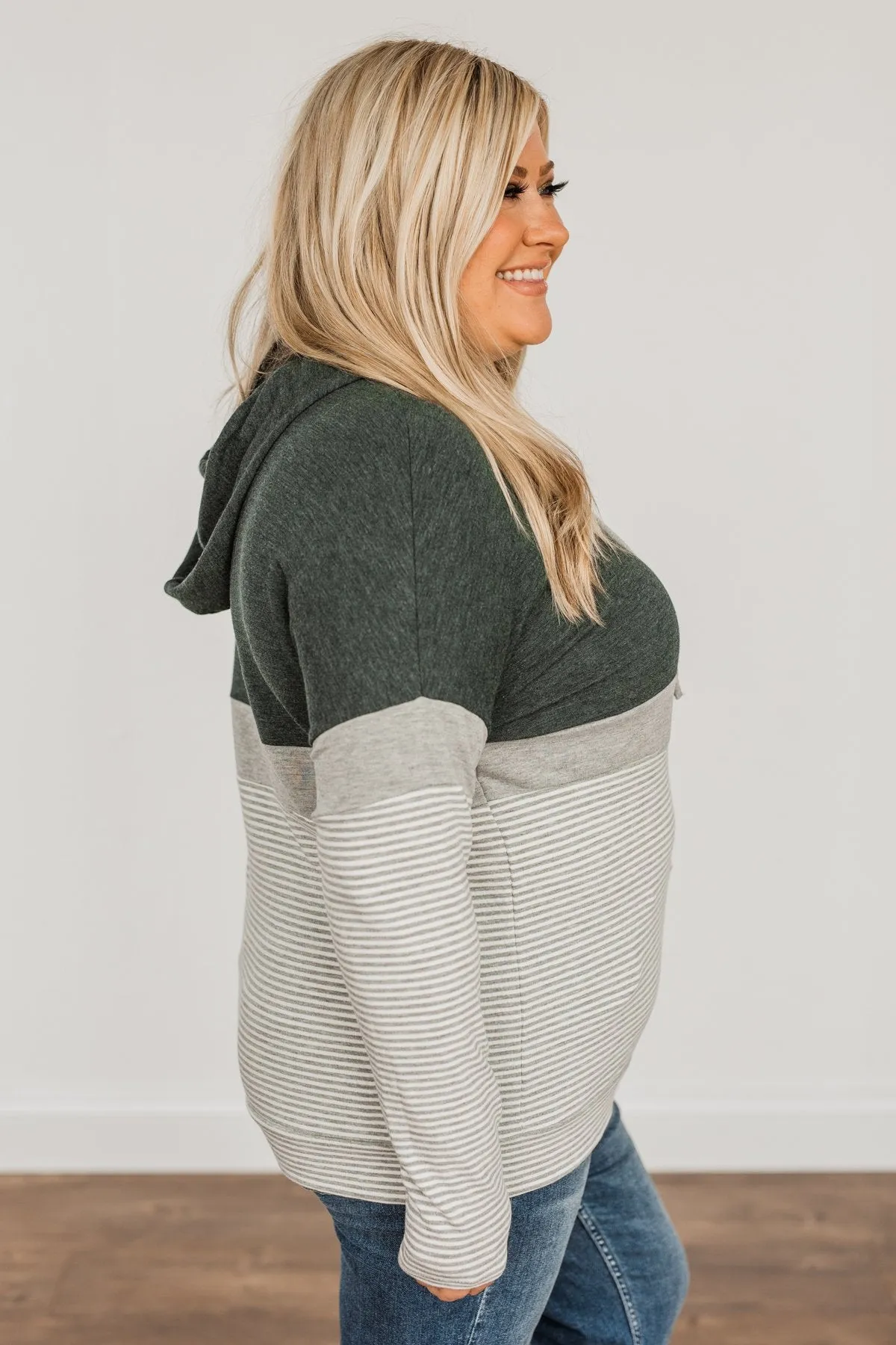 Sweet Splendor Color Block Drawstring Hoodie- Forest Green & Grey