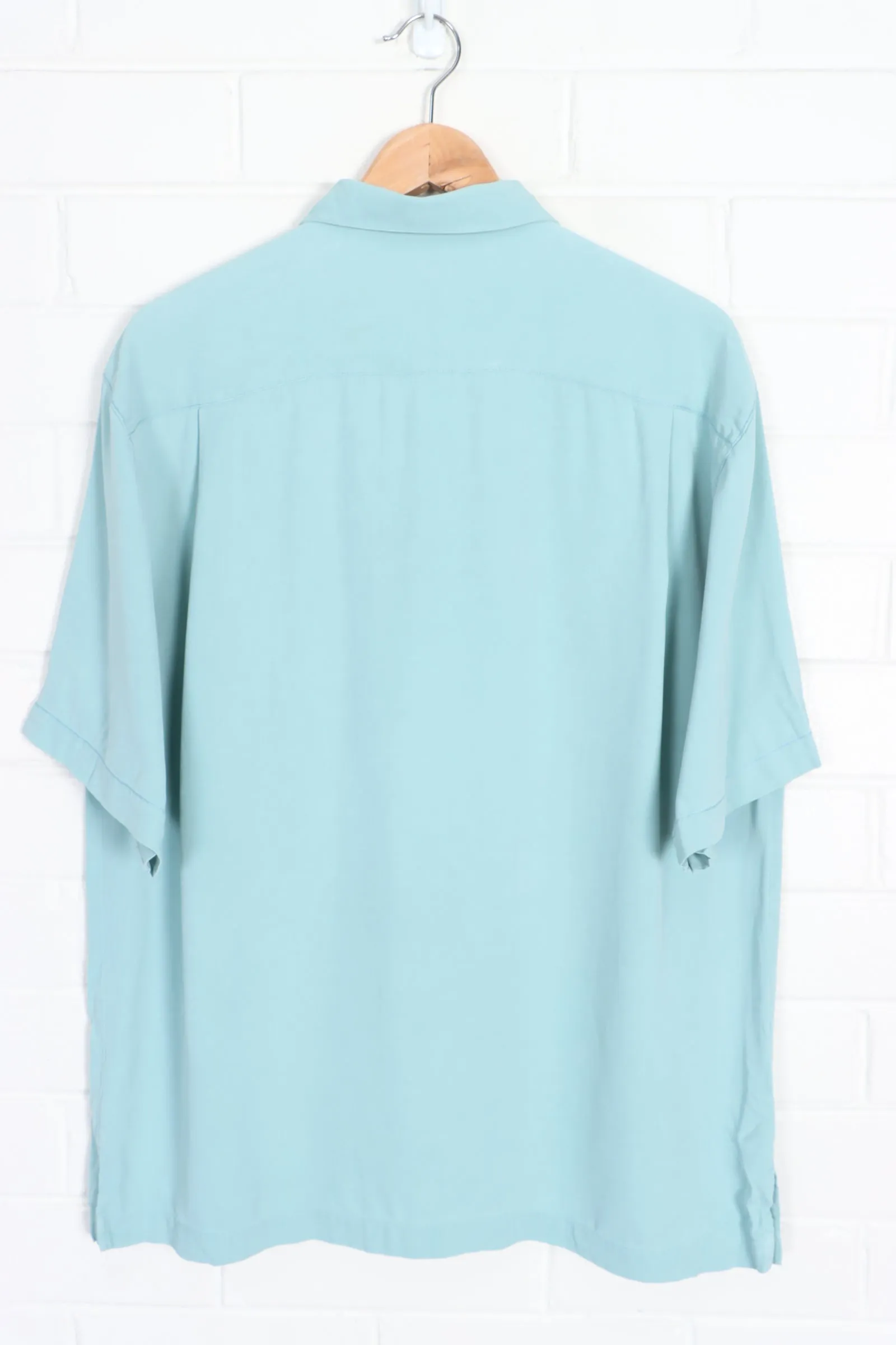 TOMMY BAHAMA Plain Turquoise Short Sleeve Silk Shirt (L)