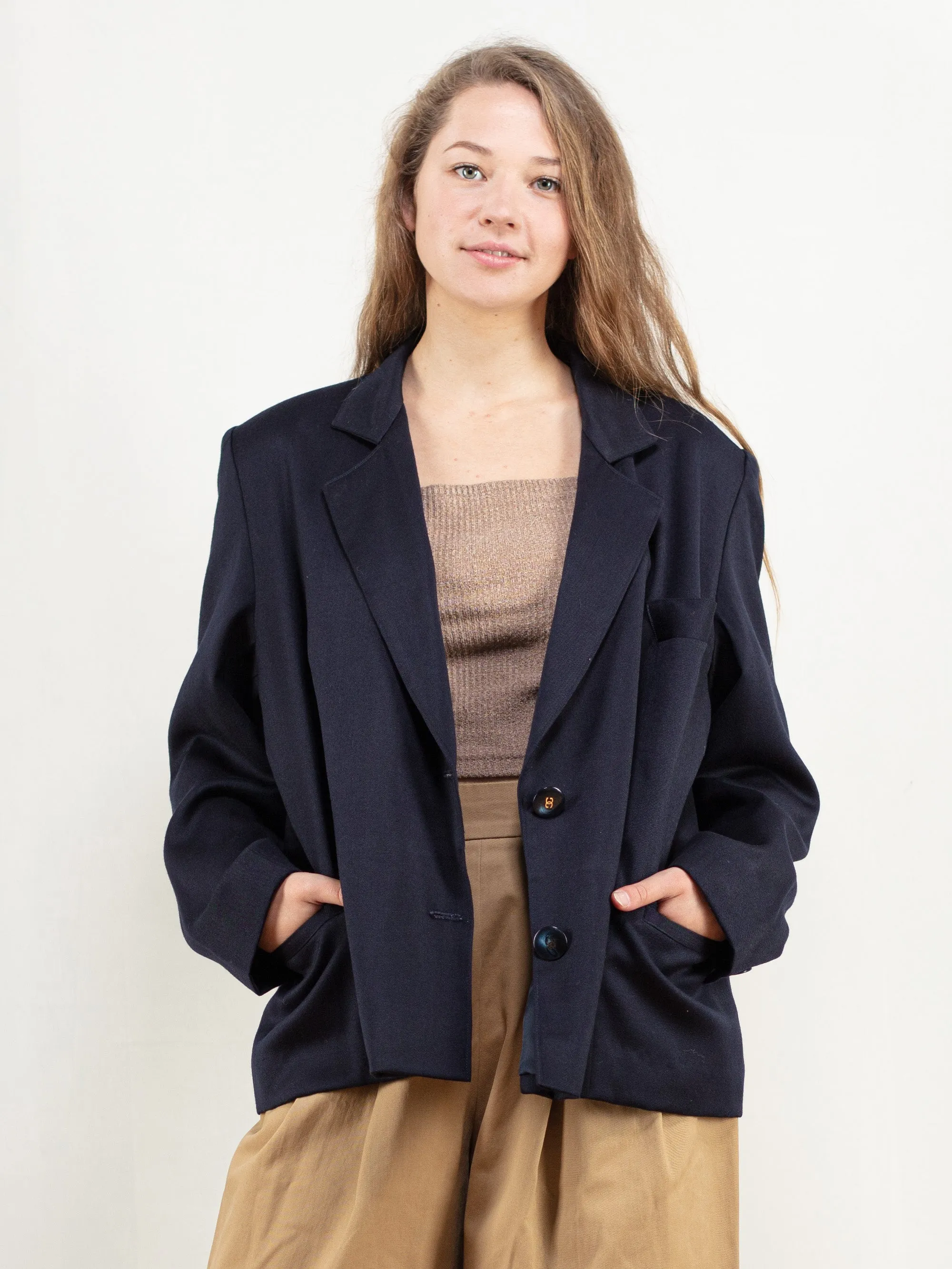 Vintage 80's Women Navy Blue Wool Blend Blazer