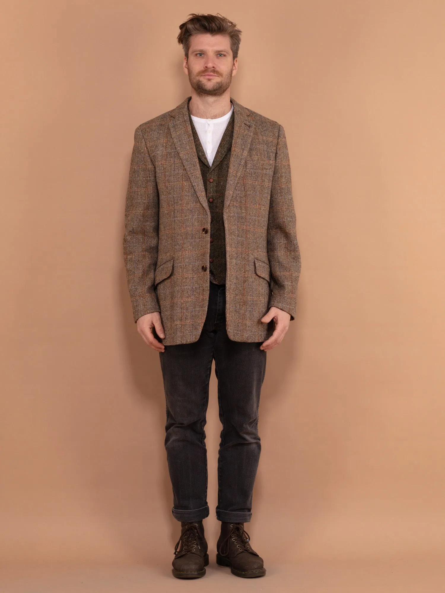 Vintage 90's Men Harris Tweed Blazer in Beige Brown