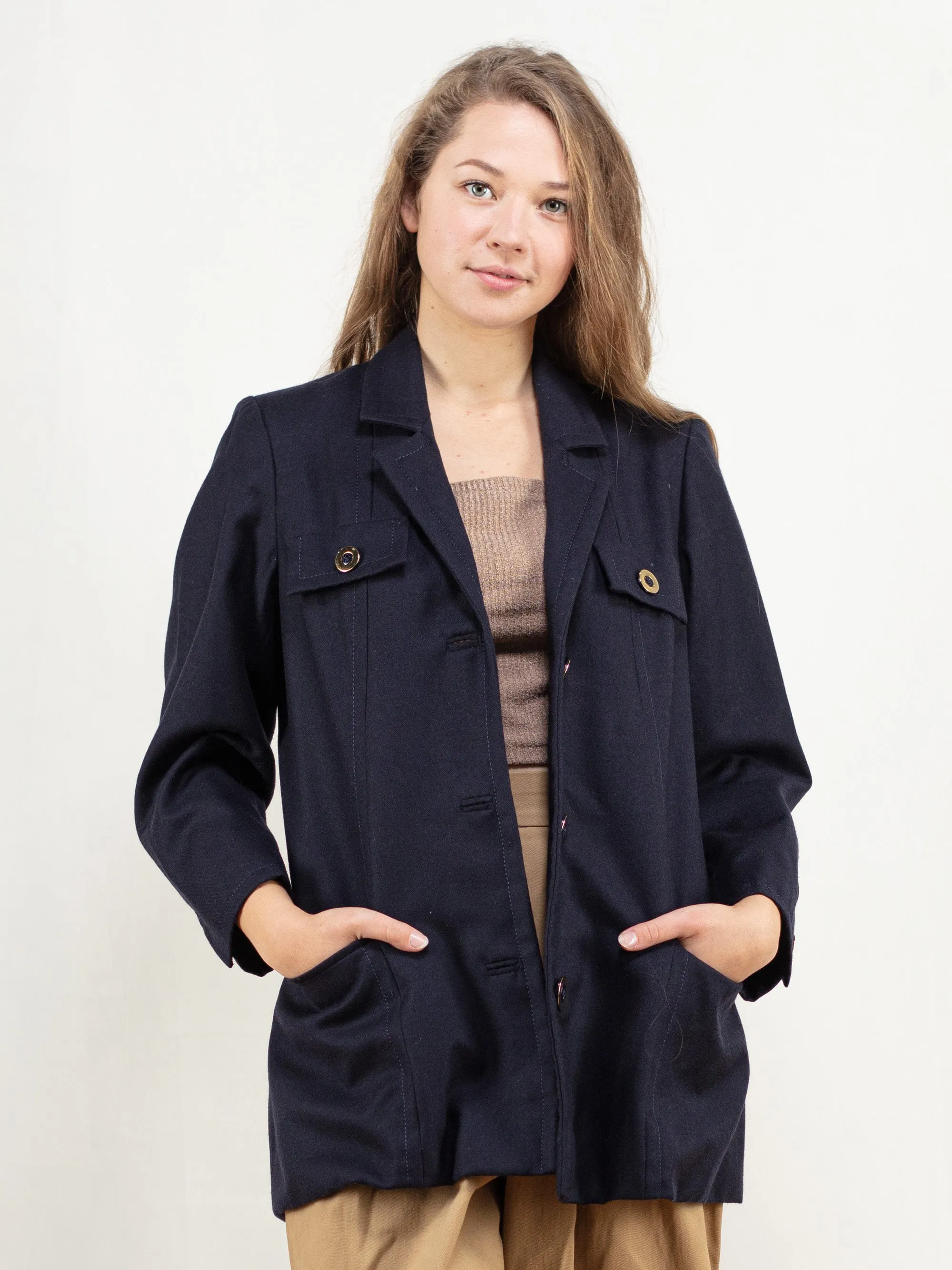 Vintage 90's Women Navy Blue Wool Blend Blazer