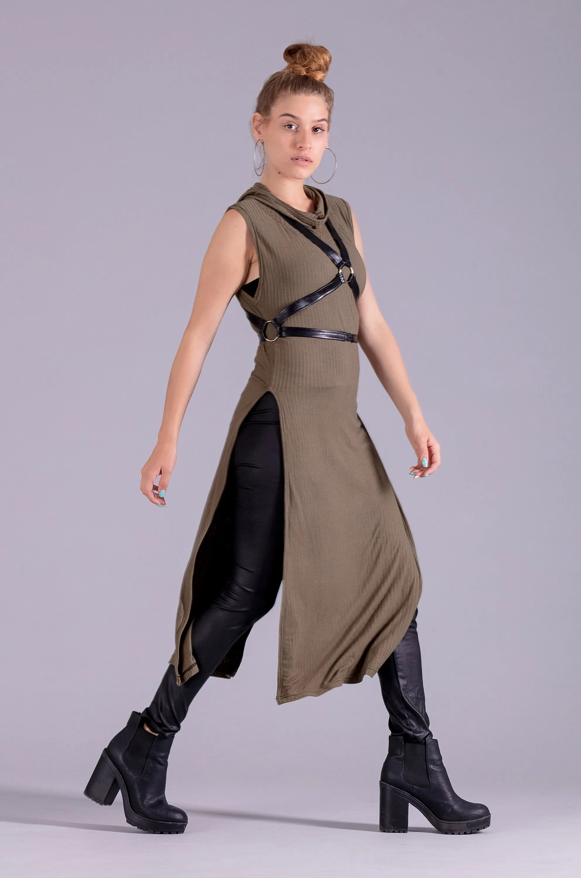 Warrior post apocalyptic hooded tunic dress | Olive