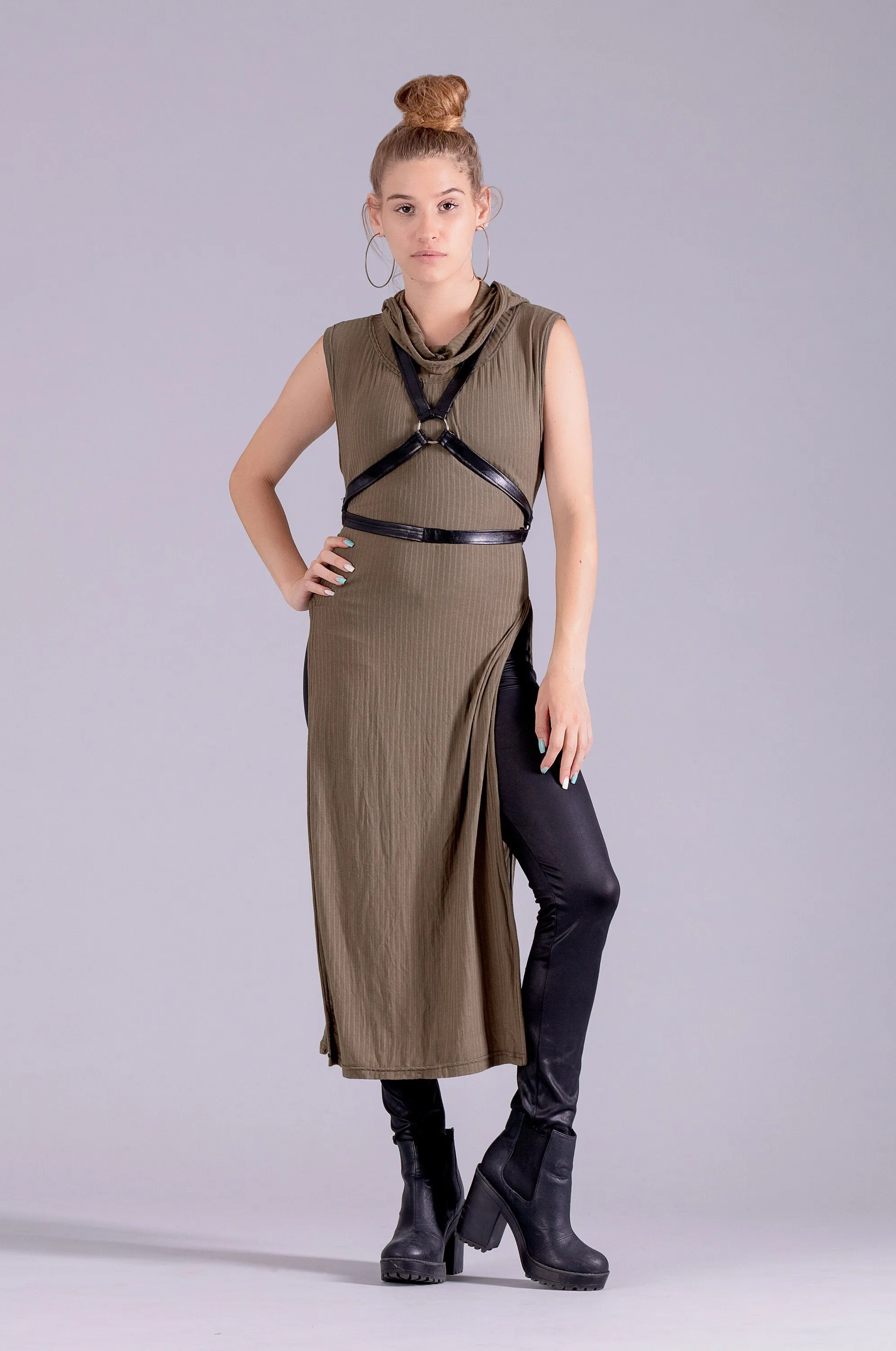 Warrior post apocalyptic hooded tunic dress | Olive