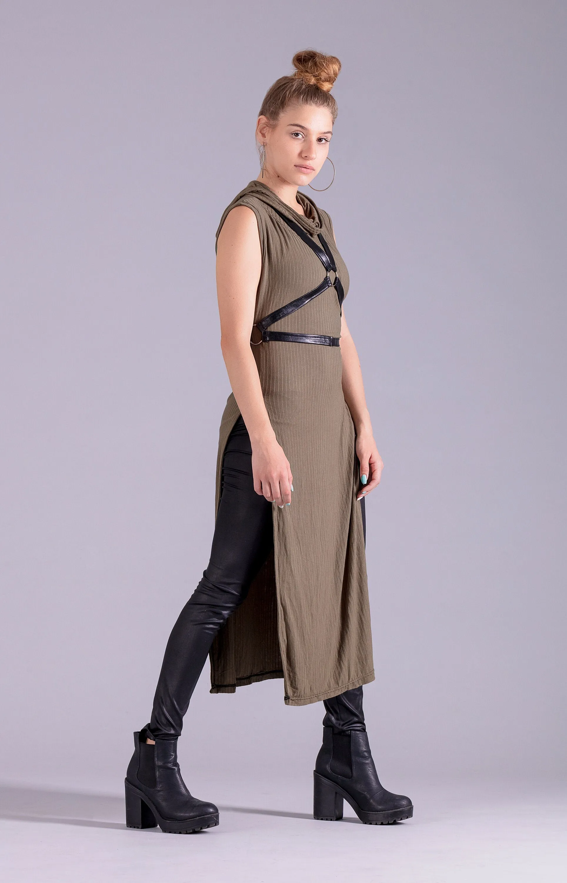 Warrior post apocalyptic hooded tunic dress | Olive