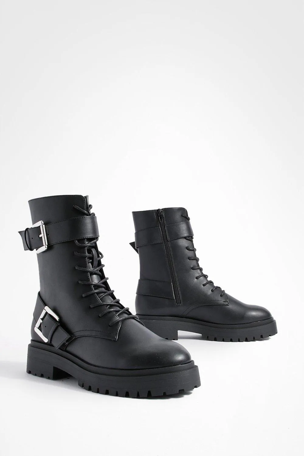 Wide Width Buckle Chunky Lace Up Combat Boots