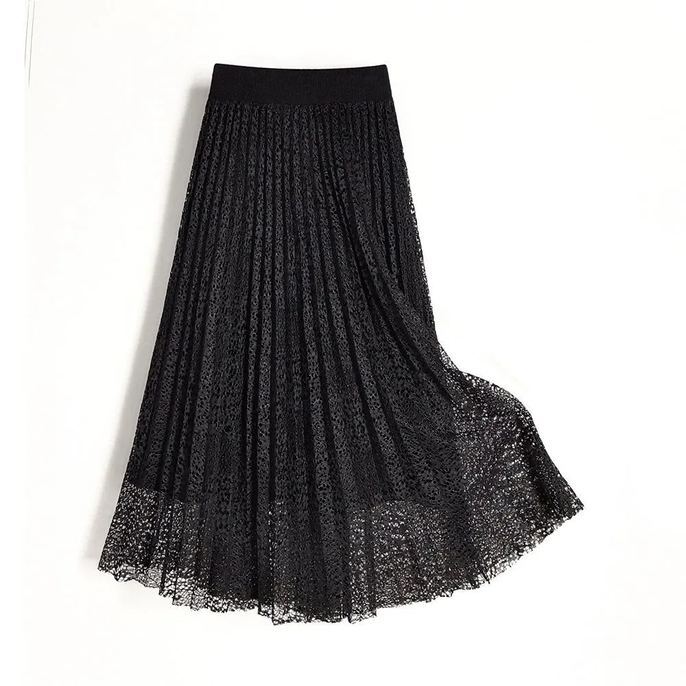 Women Elastic High Waist Elegant A-Line Lace Knit Pleated Skirts