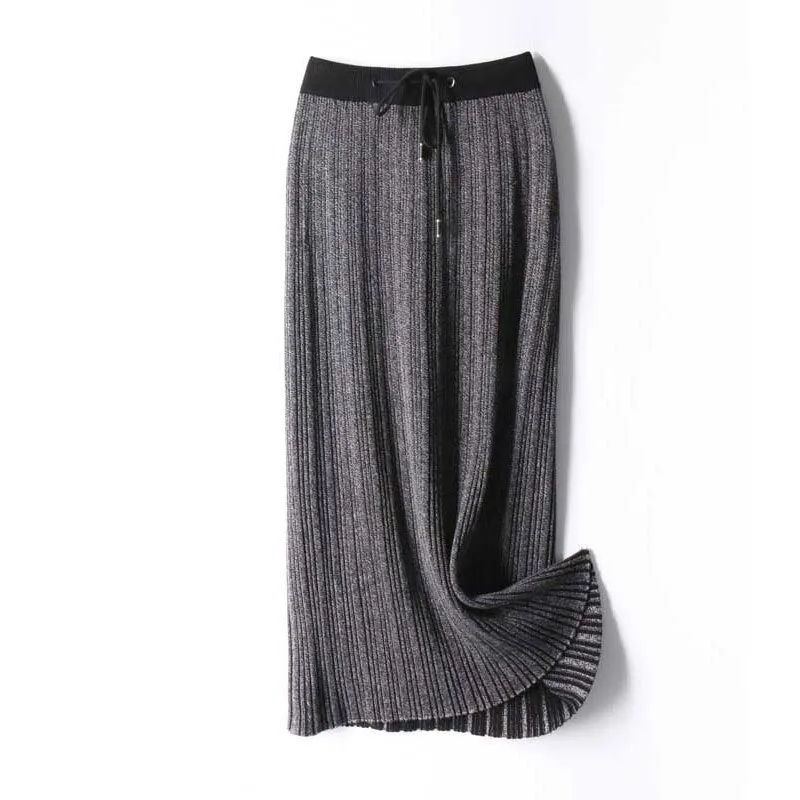 Women Elastic High Waist Elegant A-Line Thick Knit Solid Skirts Outwear