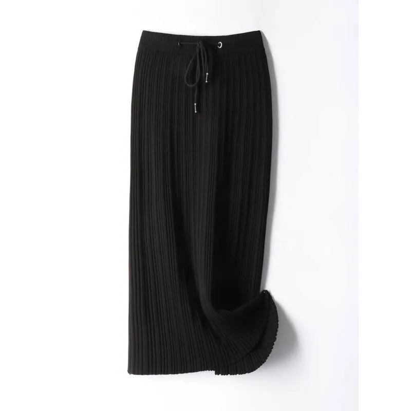 Women Elastic High Waist Elegant A-Line Thick Knit Solid Skirts Outwear