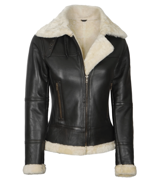 Women's Dark Brown Shearling Leather Bomber Jacket