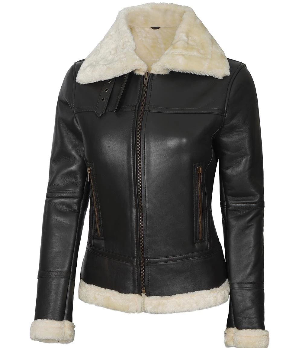 Women's Dark Brown Shearling Leather Bomber Jacket