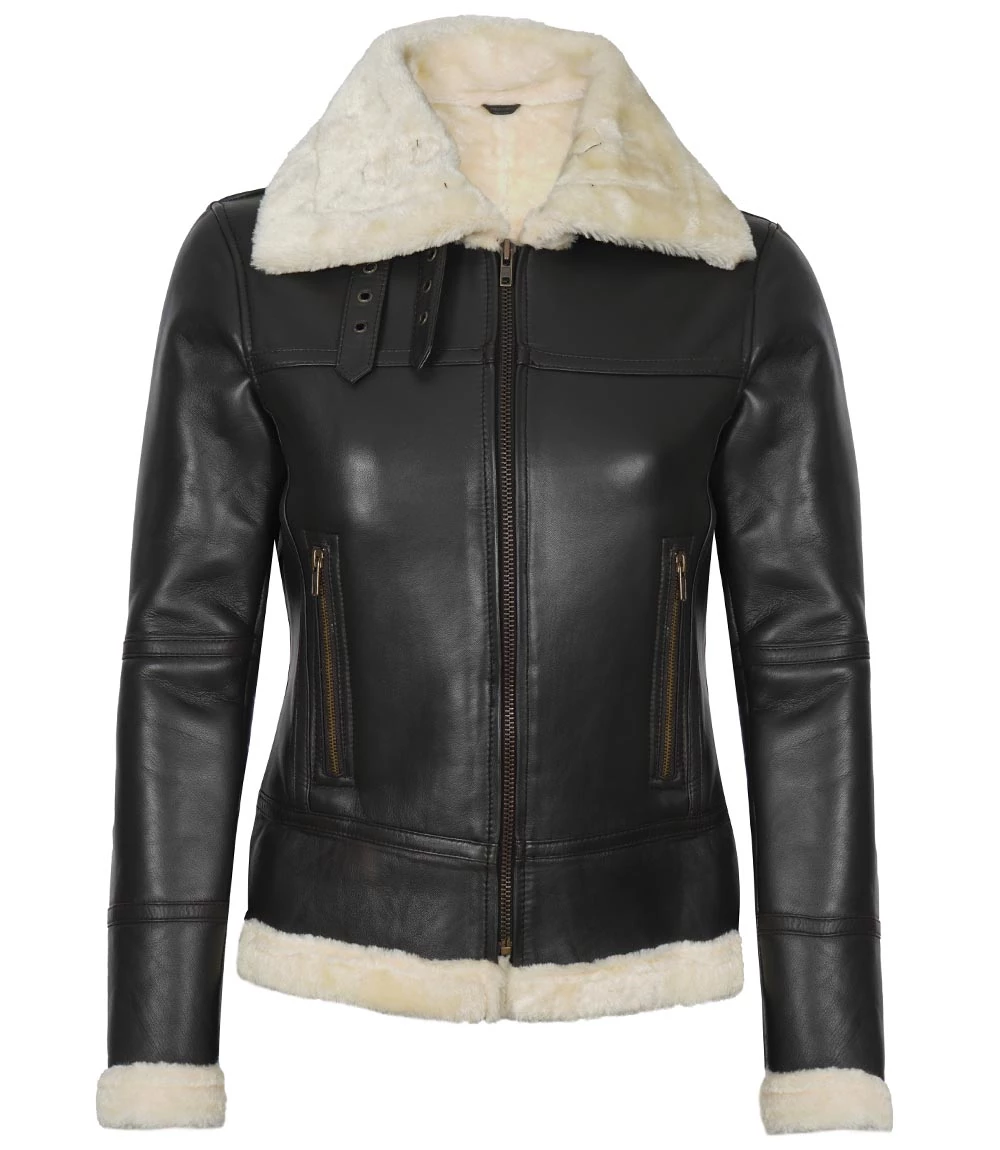 Women's Dark Brown Shearling Leather Bomber Jacket