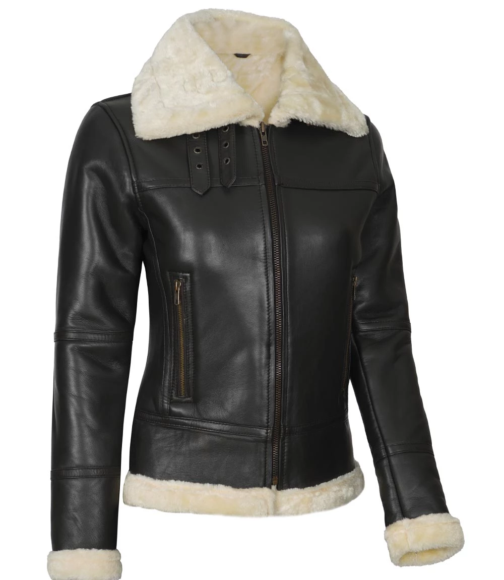 Women's Dark Brown Shearling Leather Bomber Jacket