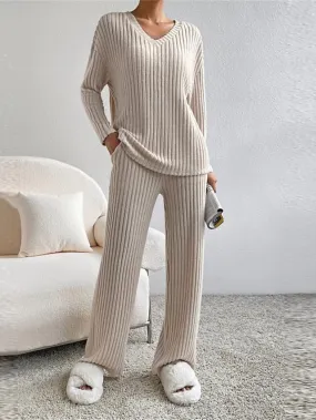 Women's Cozy Knit Drop Shoulder Tee and Pant Lounge Set