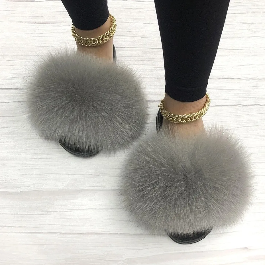 Women's Light Gray Fluffy Real Fox Fur Flip Flops House Slippers