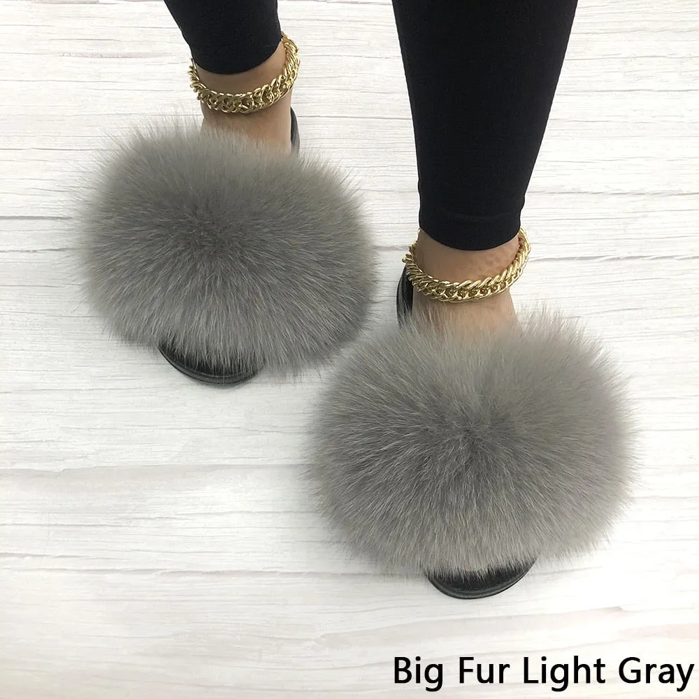 Women's Light Gray Fluffy Real Fox Fur Flip Flops House Slippers