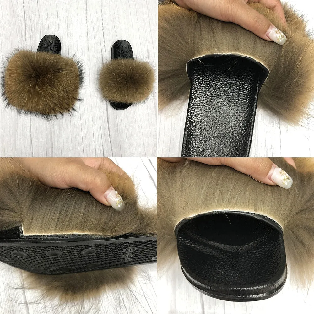 Women's Light Gray Fluffy Real Fox Fur Flip Flops House Slippers