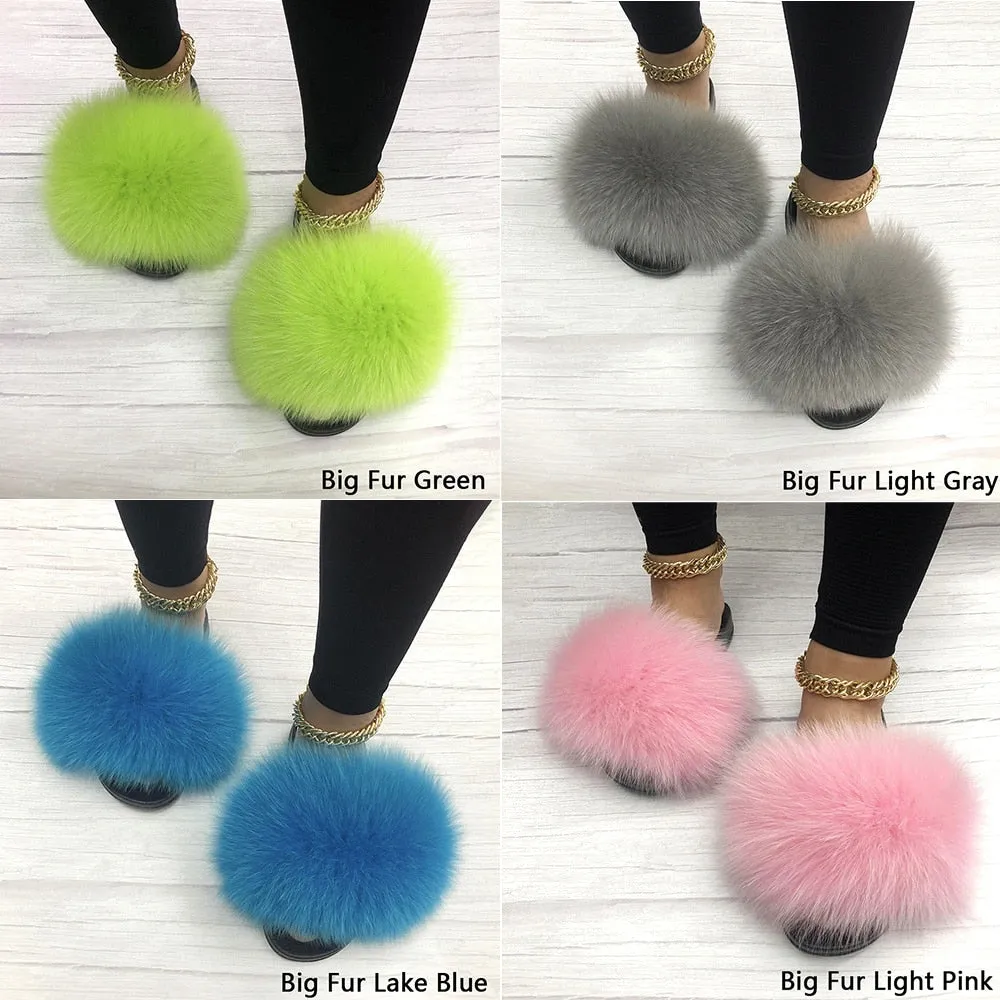 Women's Light Gray Fluffy Real Fox Fur Flip Flops House Slippers